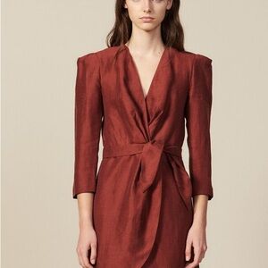 Sandro Terracota Linen Blend Mini Dress